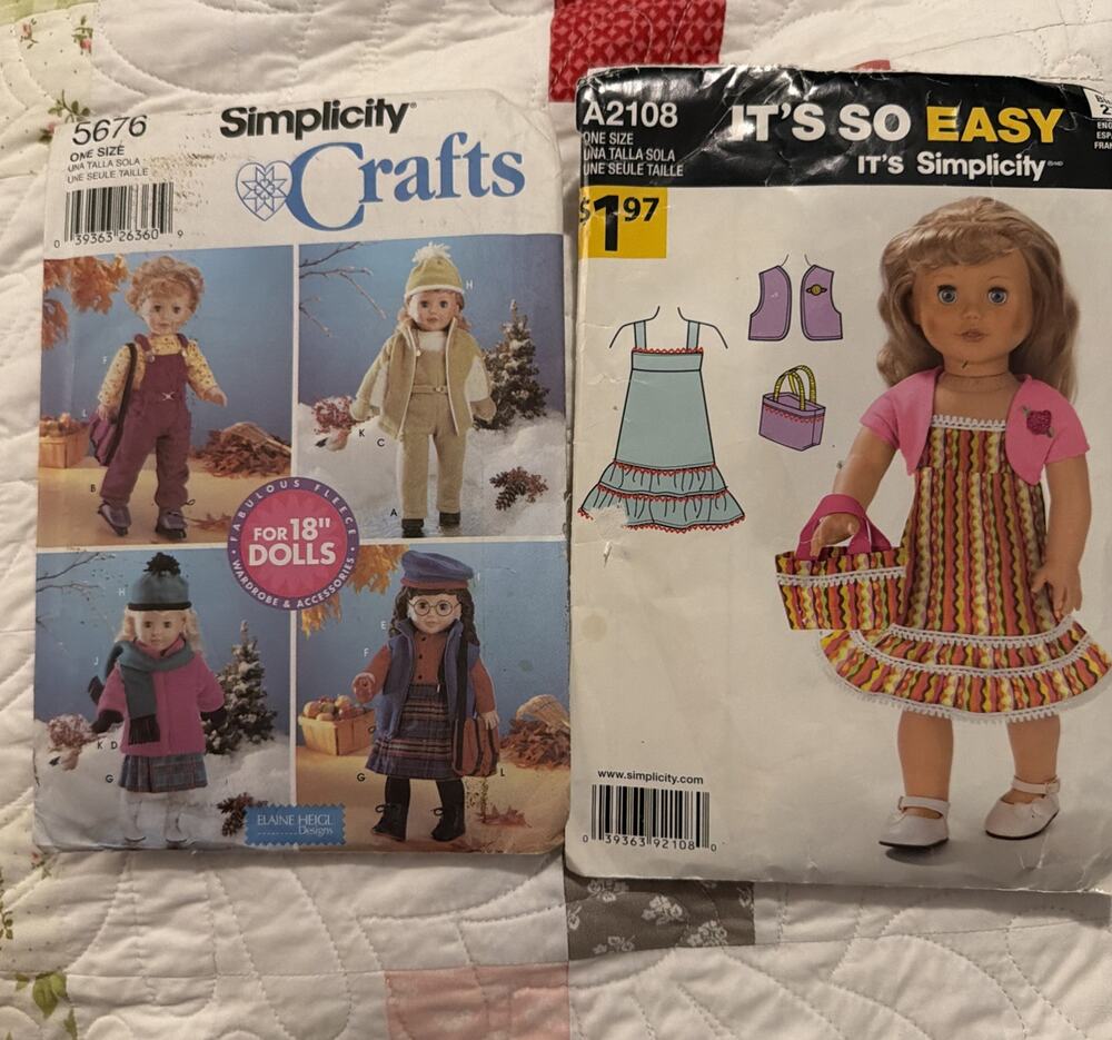 Simplicity Crafts Sewing Patterns (18” Doll Clothing) Lot of 2 UNCUT A2108, 5676